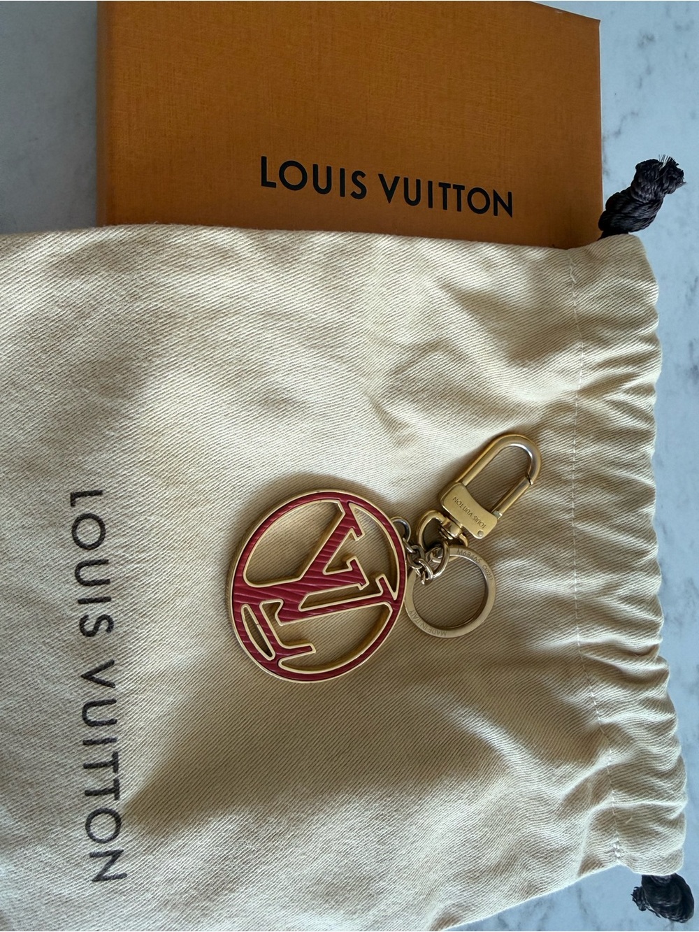 Louis Vuitton Pink Enamel and Gold LV Circle Keyring